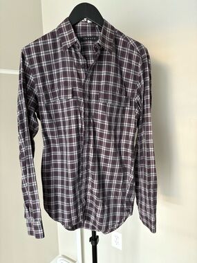Theory Men's Burgundy and White Plaid Button-Down Shirt
